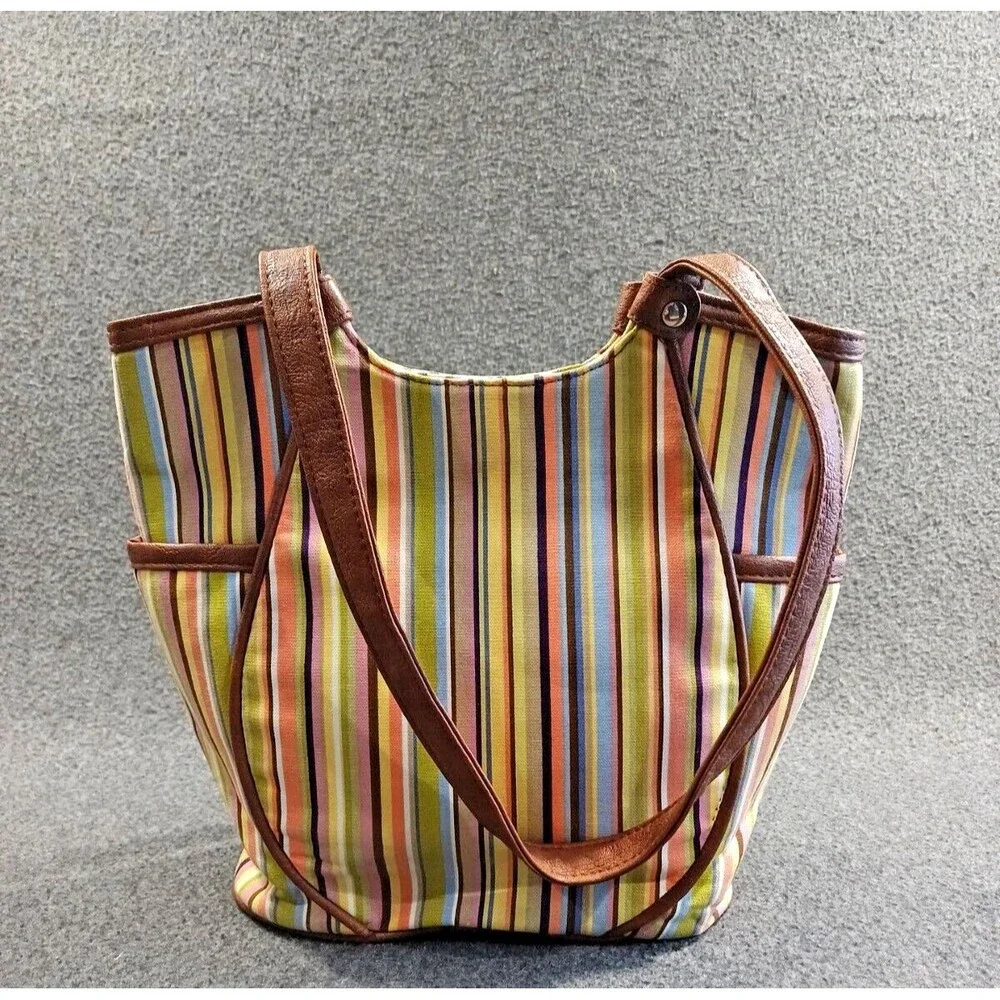 Longaberger Tote Bag Multicolor Stiped Brown Leather Handles and Bottom Pockets